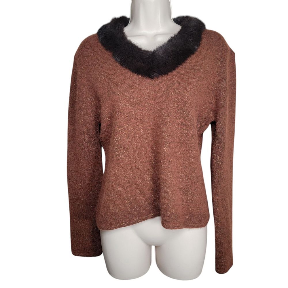 Theme Womens Brown Cropped Size XL Lambswool Angora Rabbit Fur Blend‎ Sweater